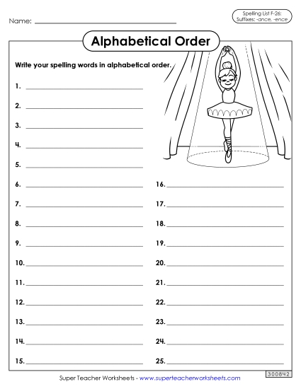 Alphabetical Order - Alphabetical Order: Whole List (F-26) (Printable PDF Worksheet)