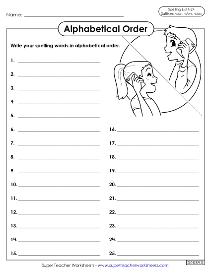 Alphabetical Order - Alphabetical Order: Whole List (F-27)  (Printable PDF Worksheet)