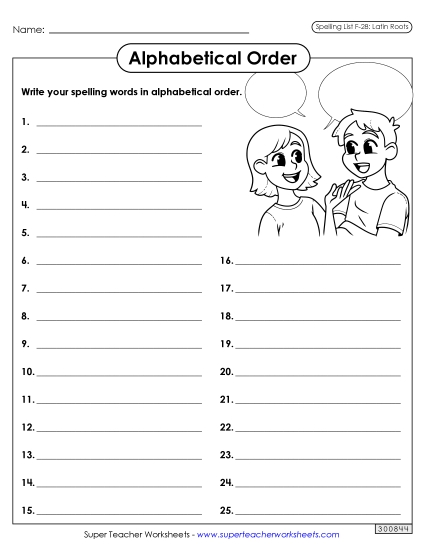 Alphabetical Order - Alphabetical Order: Whole List (F-28) (Printable PDF Worksheet)