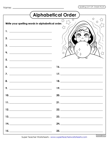 Alphabetical Order - Alphabetical Order: Whole List (F-29) (Printable PDF Worksheet)