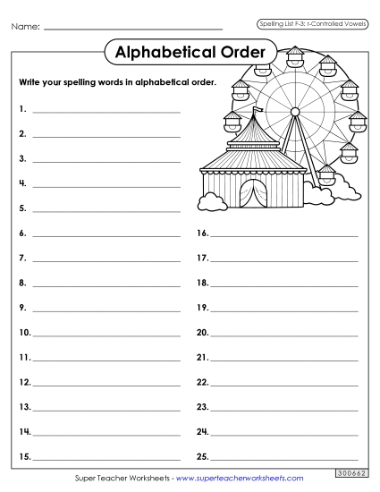 Alphabetical Order - Alphabetical Order: Whole List (F-3)  (Printable PDF Worksheet)