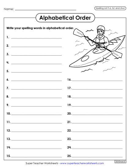 Alphabetical Order - Alphabetical Order: Whole List (F-6) (Printable PDF Worksheet)