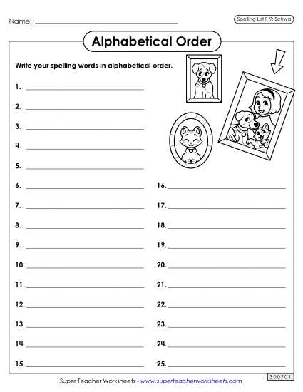Alphabetical Order - Alphabetical Order: Whole List (F-9) (Printable PDF Worksheet)