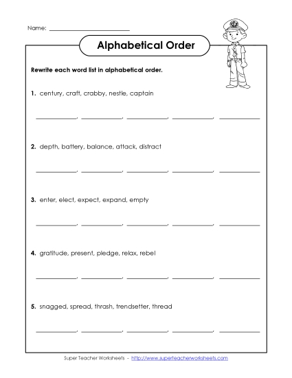 Alphabetical Order - Alphabetical Order Worksheet (E-1) (Printable PDF Worksheet)