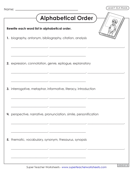 Alphabetical Order - Alphabetical Order Worksheet (ELA) (Printable PDF Worksheet)