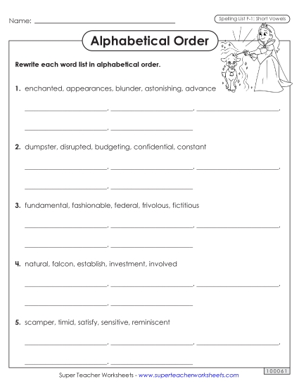 Alphabetical Order - Alphabetical Order Worksheet (F-1)  (Printable PDF Worksheet)