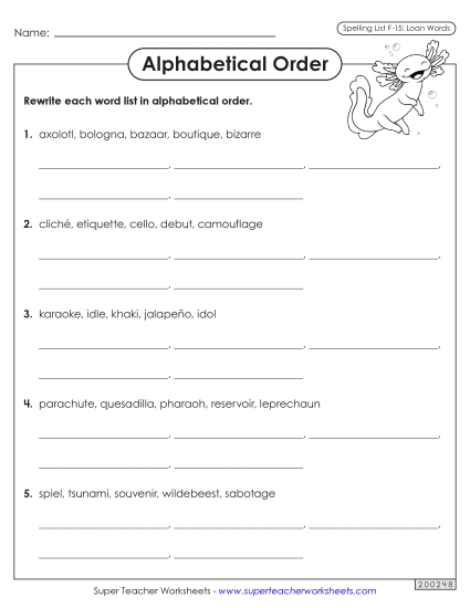 Alphabetical Order - Alphabetical Order Worksheet (F-15) (Printable PDF Worksheet)