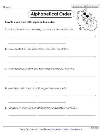 Alphabetical Order - Alphabetical Order Worksheet (F-22) (Printable PDF Worksheet)