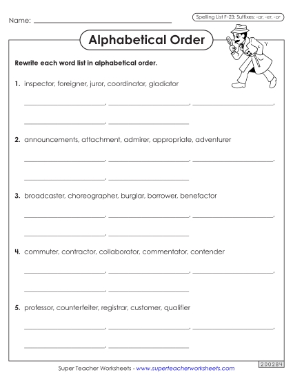 Alphabetical Order - Alphabetical Order Worksheet (F-23)  (Printable PDF Worksheet)