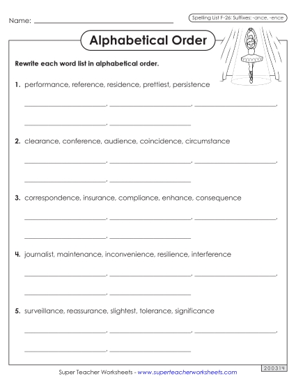 Alphabetical Order - Alphabetical Order Worksheet (F-26)  (Printable PDF Worksheet)