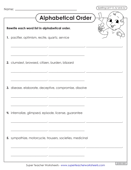 Alphabetical Order - Alphabetical Order Worksheet (F-5) (Printable PDF Worksheet)