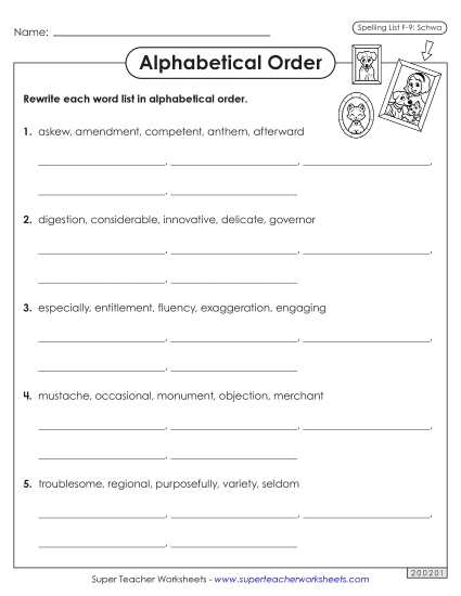 Alphabetical Order - Alphabetical Order Worksheet (F-9) (Printable PDF Worksheet)