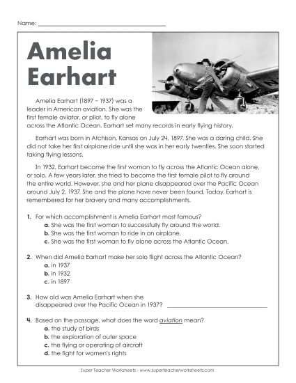 Reading Comprehension Articles - Amelia Earhart (Short Passage) (Printable PDF Worksheet)