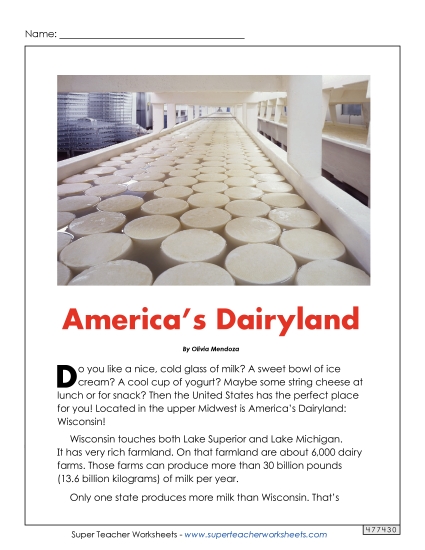 Reading Comprehension - America's Dairyland (Printable PDF Worksheet)