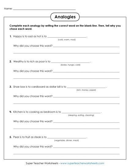 Analogies Worksheet (Printable PDF Worksheet)