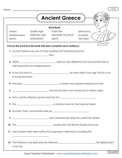 Worksheets - Ancient Greece Cloze Activity (Printable PDF Worksheet)