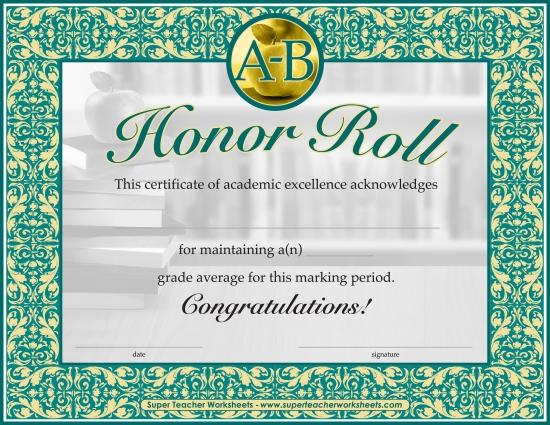 Honor and Merit Rolls - "A-B" Honor Roll (Printable PDF Worksheet)