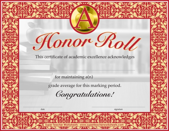 Honor and Merit Rolls - "A" Honor Roll (Printable PDF Worksheet)