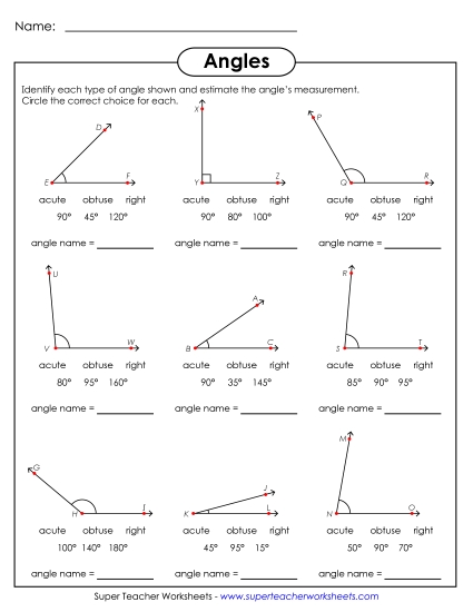 Angle Types: Acute, Obtuse, Right - Angle Estimates (Printable PDF Worksheet)