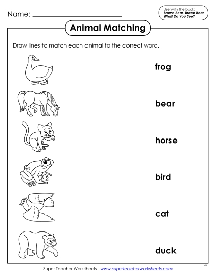 Worksheets - Animal Word-Picture Match (Printable PDF Worksheet)