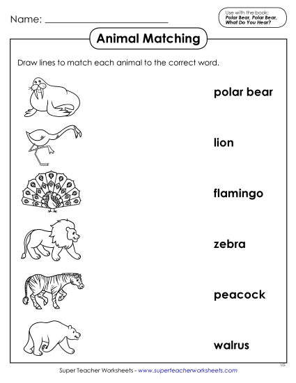 Worksheets - Animal Word-Picture Match (Printable PDF Worksheet)