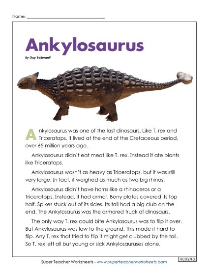 Reading Comprehension - Ankylosaurus (Printable PDF Worksheet)