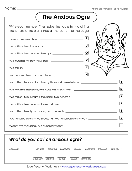 Place Value - Anxious Ogre (7-Digit Place Value) (Printable PDF Worksheet)