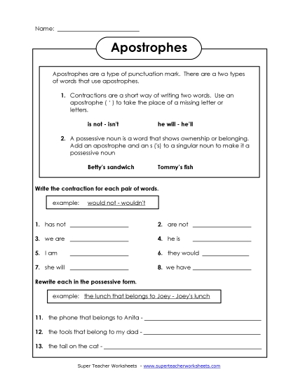 Apostrophes - Apostrophe Worksheet (Printable PDF Worksheet)