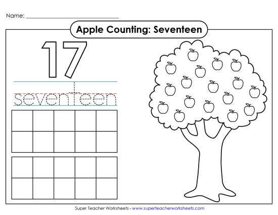Number Seventeen - Apple Counting Mat: Seventeen (Printable PDF Worksheet)