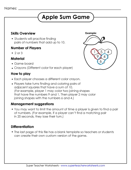 Back-to-School Math - Apple Sum Game (Printable PDF Worksheet)