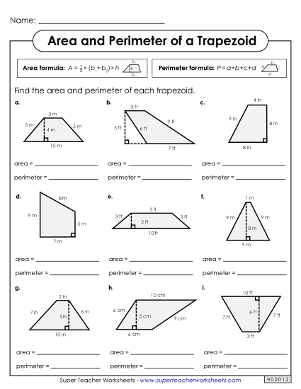 Level: Basic Single-Digit Measurements - Area & Perimeter of Trapezoids (Printable PDF Worksheet)