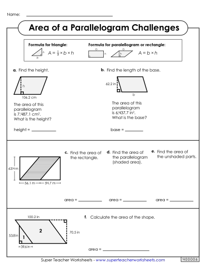 Level: Advanced Decimal & Fraction Measurements - Area of a Parallelogram Challenges (Advanced) (Printable PDF Worksheet)