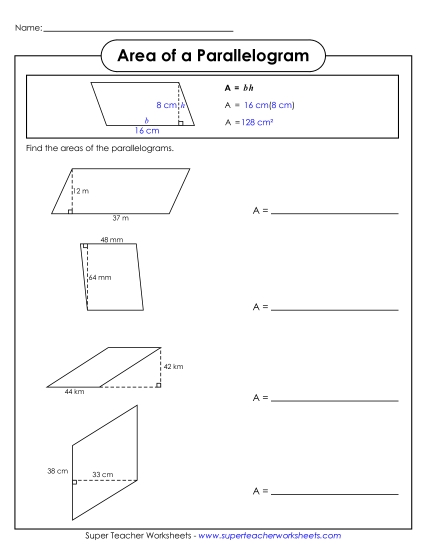 Level: Intermediate Double-Digit Measurements - Area of a Parallelogram (Intermediate) (Printable PDF Worksheet)