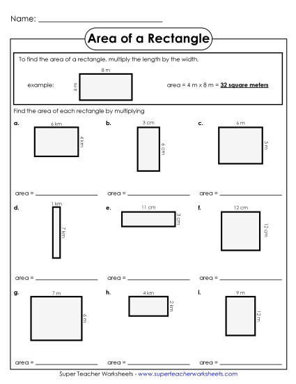 Basic - Area of a Rectangle 3 (Printable PDF Worksheet)