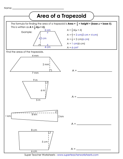 Level: Basic Single-Digit Measurements - Area of a Trapezoid (Basic) (Printable PDF Worksheet)
