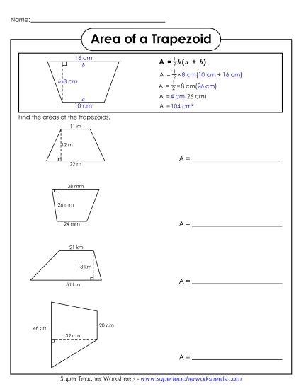 Level: Intermediate 2-Digit Measurements - Area of a Trapezoid (Intermediate) (Printable PDF Worksheet)