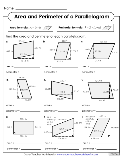 Level: Advanced Decimal & Fraction Measurements - Areas & Perimeters of Parallelograms (Advanced) (Printable PDF Worksheet)
