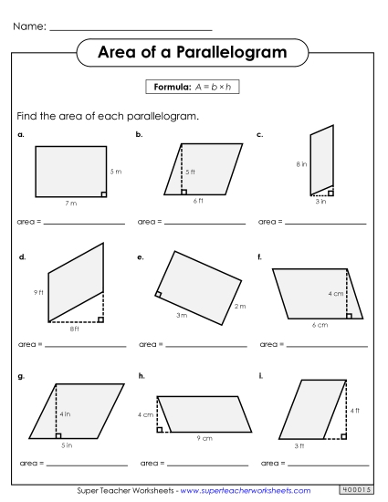 Basic Level: Single-Digit Measurements - Areas of Parallelograms Practice (Basic) (Printable PDF Worksheet)