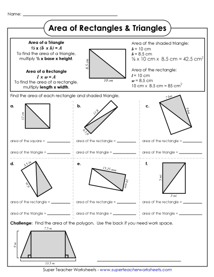 Level: Intermediate Fraction & Decimal Measurements - Areas of  Triangles & Rectangles (Intermediate) (Printable PDF Worksheet)
