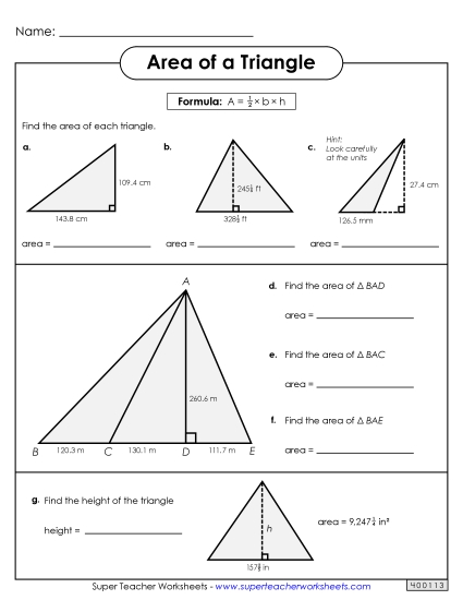 Level: Advanced Fractions, Decimals, & Mixed Units - Areas of Triangles Practice (Advanced) (Printable PDF Worksheet)