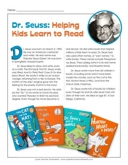 Reading Comprehension - Article: Dr. Seuss Biography (Printable PDF Worksheet)