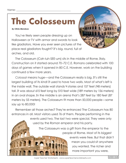 Reading Comprehension - Article: The Colosseum (Printable PDF Worksheet)