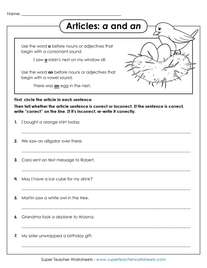 Basic Level - Articles: Fix the Sentences (Printable PDF Worksheet)