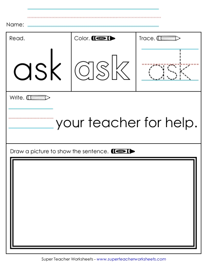 Individual Sight Words - Ask (Sight Word) (Printable PDF Worksheet)