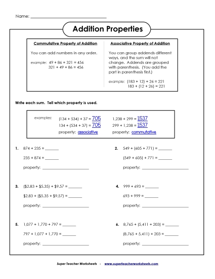 Intermediate - Assoc. & Comm. Properties - Intermediate (Printable PDF Worksheet)