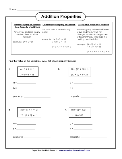 Basic - Assoc., Identity, & Comm. Props. (Printable PDF Worksheet)