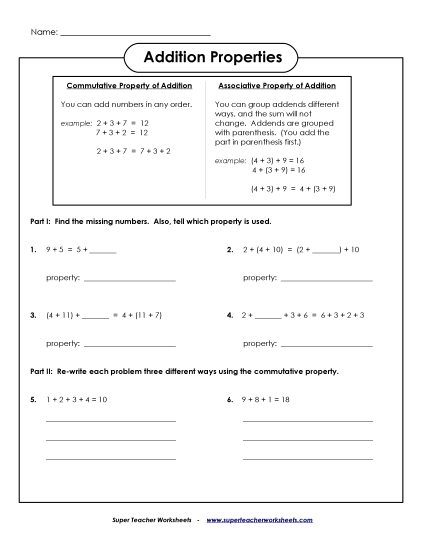 Basic - Associative & Commutative Properties (Printable PDF Worksheet)