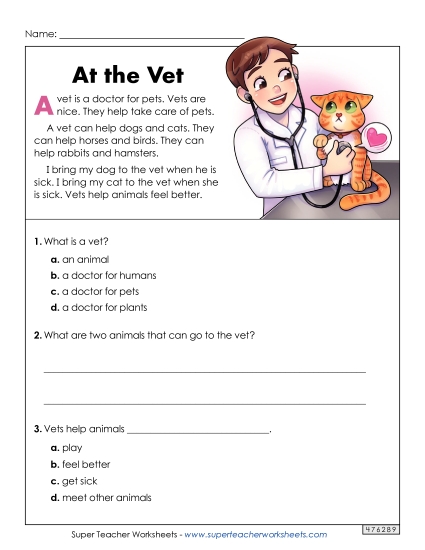 Nonfiction Passages - At the Vet (Short Article) (Printable PDF Worksheet)