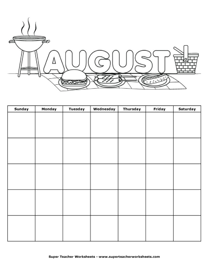 Homework Agendas and Calendars - August Calendar (Printable PDF Worksheet)