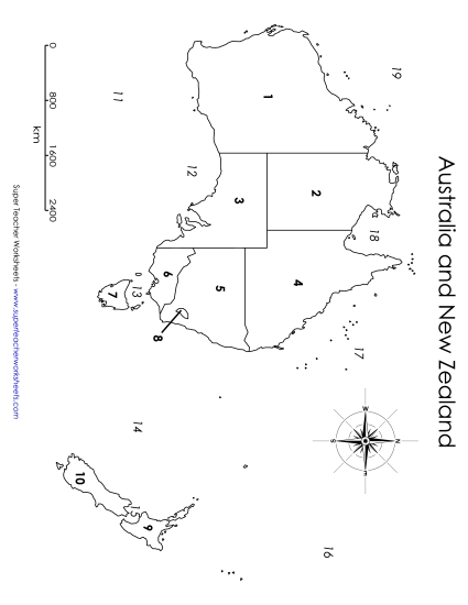 Australia & NZ Maps - Australia & NZ Map - Numbered (Printable PDF Worksheet)